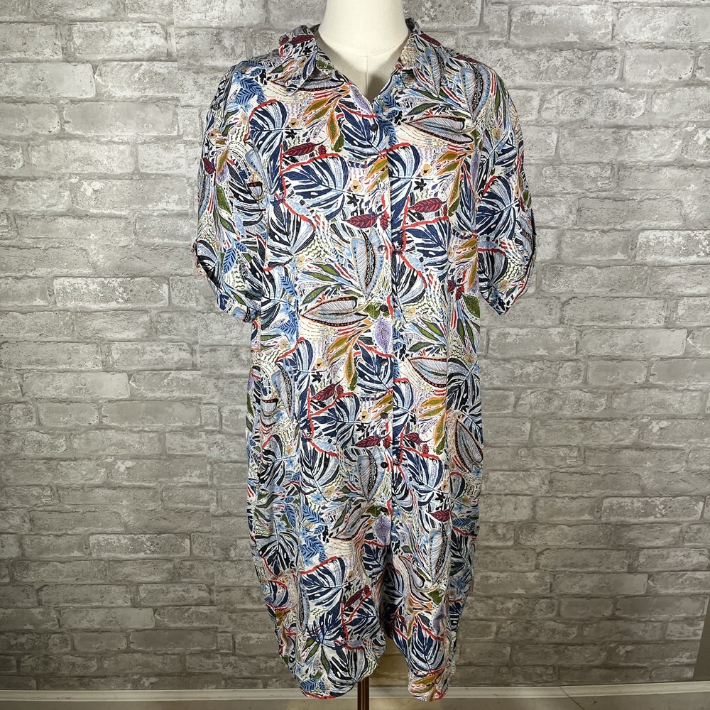 C&C California Womens XL 100% Linen Floral Button Up Shirt Dress Resort Beach